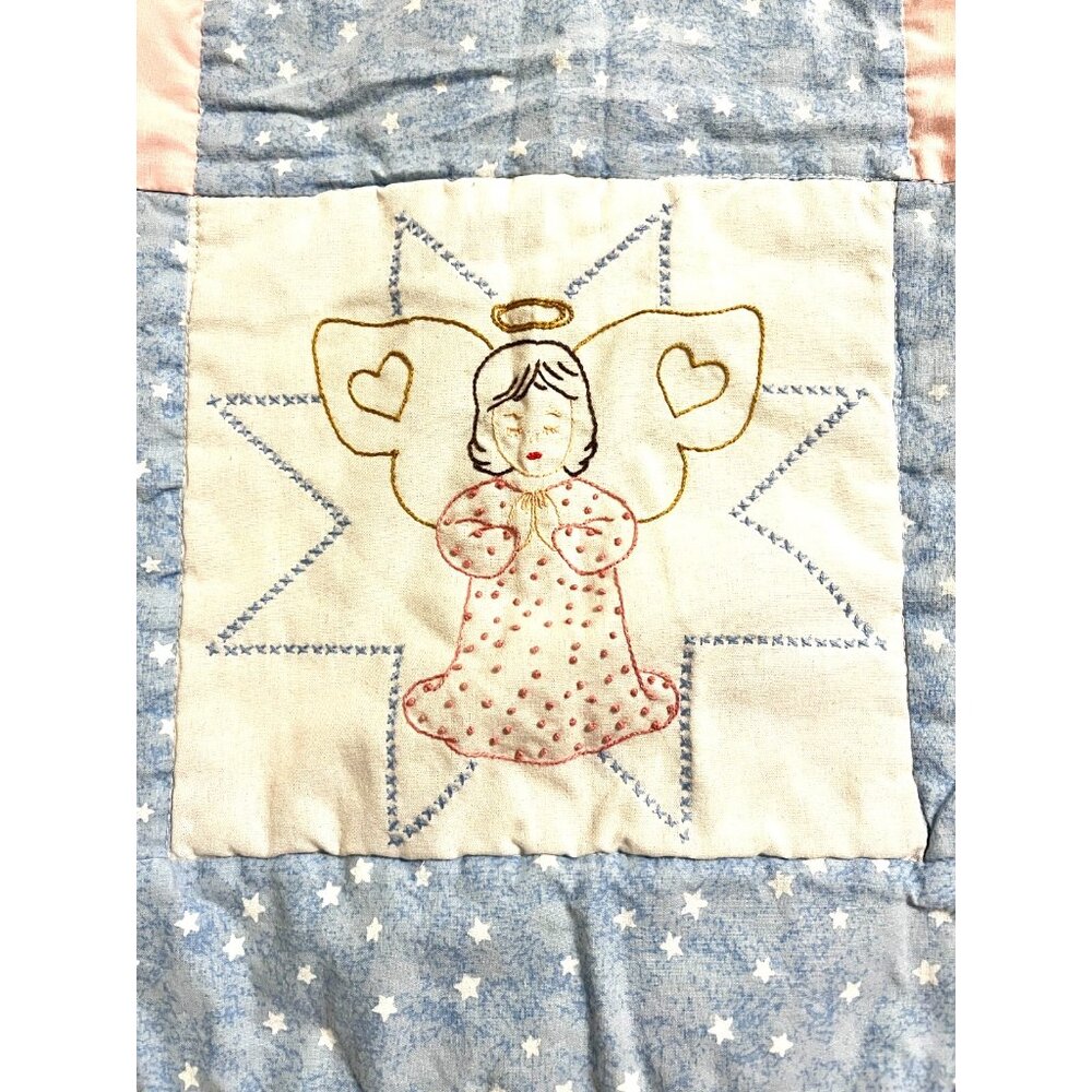 HM Crib Quilt Embroidered Farmhouse Angels Blue Pink Stars Lace 38x45 Country